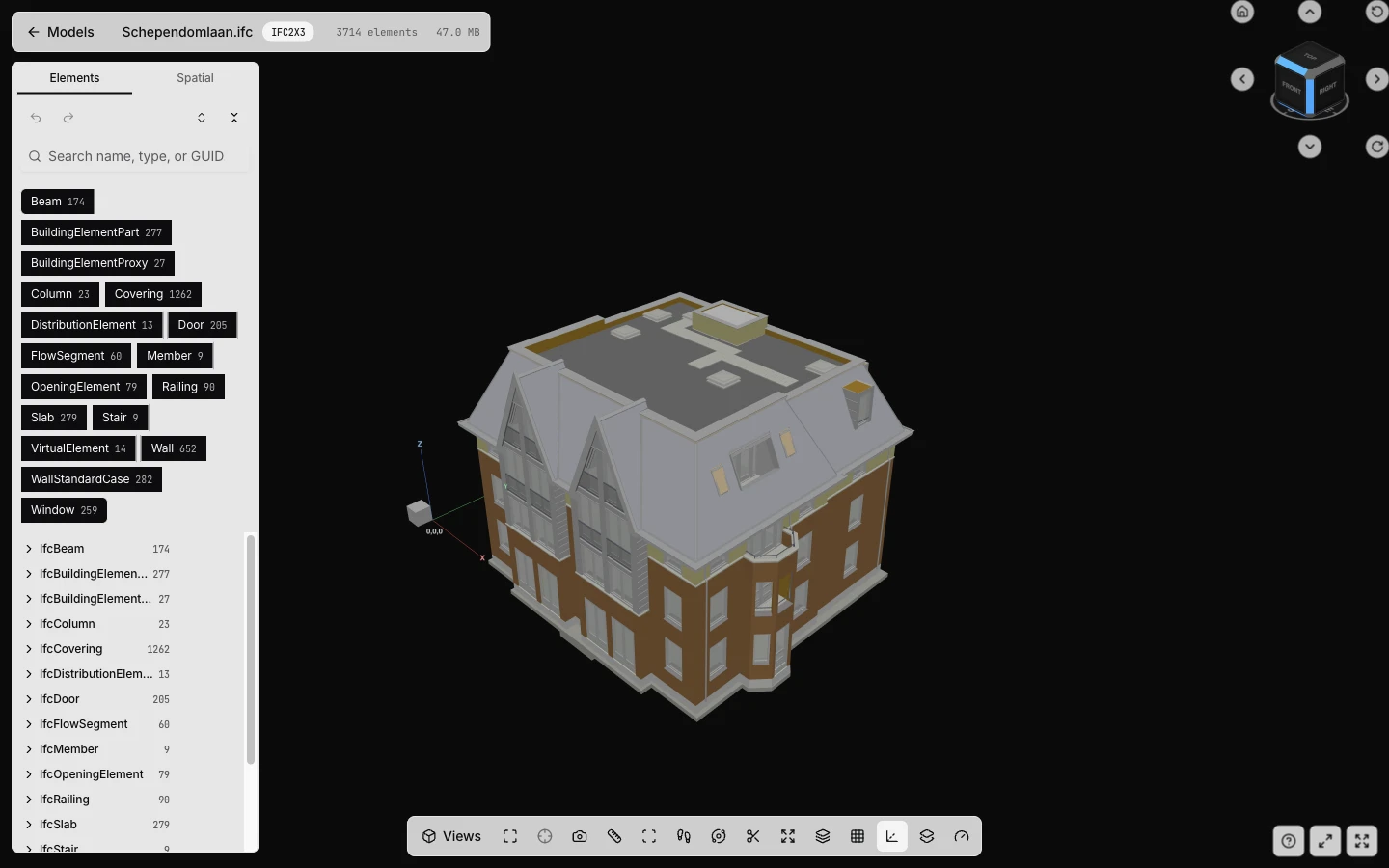 ZEROBiE's real 3D Viewer displaying the public Schependomlaan IFC sample with its element tree and model navigation